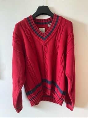 Vintage GAP Red Cable-Knit V-Neck Sweater with Navy Stripe Trim